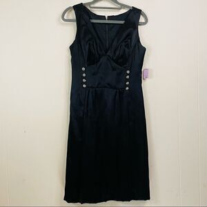 Vintage 60’s Black Satin Cocktail Dress Rhinestone Buttons Size 10